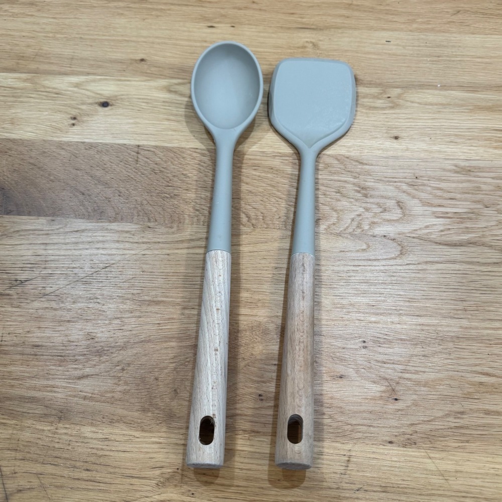 Grey Silicone Cooking Utensils Set 2pc Wood Handle Spoon Spatula Turner 12.5"